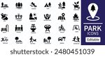 Park icon set. Containing forest, barbecue, camp, bench, picnic and playground icons. Park leisure and outdoor activity symbols. Solid icon collection.