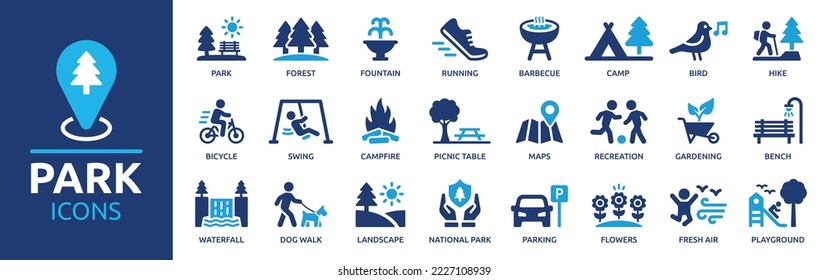 Park icon set. Containing forest, barbecue, camp, bench, picnic and playground icons. Park leisure and outdoor activity symbols. Solid icon collection. - Shutterstock ID 2227108939