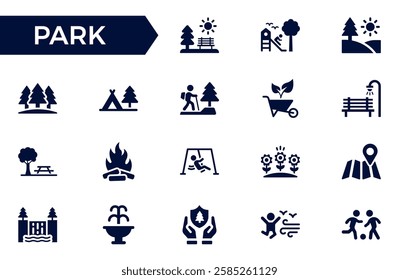 Park icon set. Containing forest, barbecue, camp, bench, picnic and playground icons. Park leisure and outdoor activity symbols. Solid icon collection.