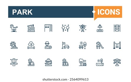 Park icon set. It contains symbols to travel, camp, urban, playground, recreation, bridge, public, car. Pixel perfect. Solid line editable stroke. Vector line and solid icons.