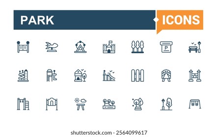 Park icon set. It contains symbols to travel, camp, urban, playground, recreation, bridge, public, car. Pixel perfect. Solid line editable stroke. Vector line and solid icons.