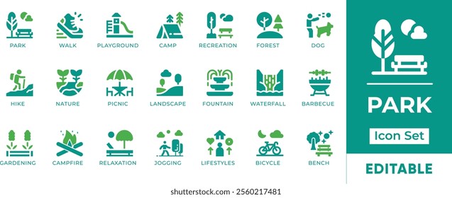 Park Icon Set. Features editable icons for park symbols, nature, outdoor, recreation, leisure, landscape, and more. Perfect for travel websites, tourism boards, and outdoor recreation businesses.