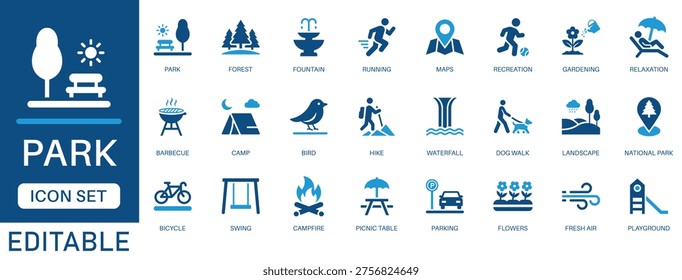 Park icon set. featuring nature, recreation, camping, hiking, playground, picnic, landscape, forest, relaxation and more icons. perfect vector icon collection.