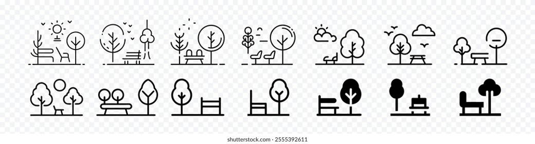 Park Icon Set. garden park minimalist with chair and tree, Open space black glyph icon. Public park with bench to sit. forest and bench vector icons