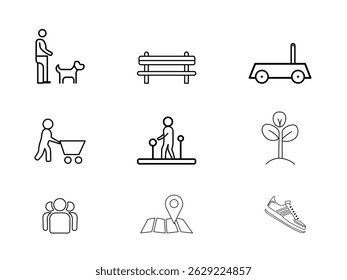 Park icon set. Nature park dog, with plants, animals, Park and outdoor activity symbols. Solid icon collection