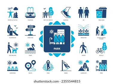 Park icon set. Pond, Fountain, Dog Walking, Running, Yoga, Hiking, Playground, Sport Activities. Duotone color solid icons