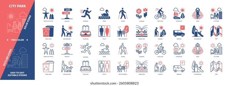 Park icon set. Pond, Fountain, Dog Walking, Running, Yoga, Hiking, Playground, Sport Activities. Duotone color solid and editable outline icons