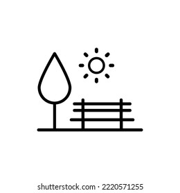 Juego de iconos de estacionamiento. Árboles, bosques e íconos vectores de banco. Naturaleza, sol, lago.