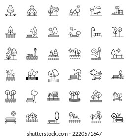 Park Icon Set. Trees, forest and bench vector icons. Nature, sun, lake.