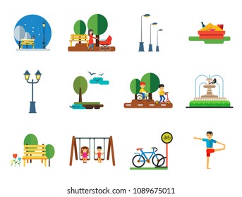 Park Icon Set. Winter Park Cycling Sandbox Park Fountain Bicycle Parking Lamps Walking In Park Girls On Swing Bench Exercising Street Lamp Landscape With Tree And Lake