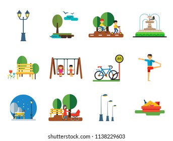 Park Icon Set. Winter Park Cycling Sandbox Park Fountain Bicycle Parking Lamps Walking Girls On Swing Park Bench Exercising Street Lamp Landscape With Tree And Lake