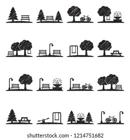 Park Icons. Black Scribble Design. Vector Illustration.