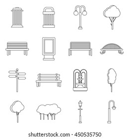 Park icons in outline ctyle. Outdoor elements set collection vector illustration