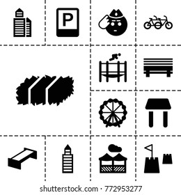 Park icons. set of 13 editable filled park icons such as garden bench, ferris wheel, building, soldier emot, family bicycle, bench, trampoline, parking, pergola, castle tower