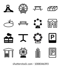 Park icons. set of 16 editable filled and outline park icons such as table, waterslide, parking, pergola, garden bench, ferris wheel, building, house, gazebo, pond