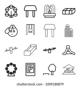 Park icons. set of 16 editable outline park icons such as garden bench, parking, table, swing, soldier emot, carousel, tree and bench, fountain, waterslide, ferris wheel