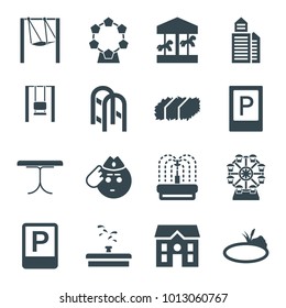 Park icons. set of 16 editable filled park icons such as parking, house, soldier emot, carousel, fountain, pond, garden bench, building, swing, ferris wheel, table