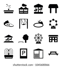Park icons. set of 16 editable filled park icons such as parking, table, carousel, tree and bench, fountain, pond, pergola, ferris wheel, house, swing