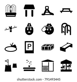 Park icons. set of 16 editable filled park icons such as garden bench, parking, soldier emot, carousel, table, fountain, waterslide, pond, castle tower, swing, gazebo