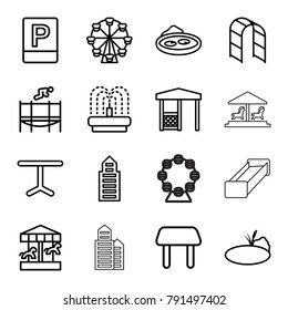 Park icons. set of 16 editable outline park icons such as table, building, carousel, ferris wheel, gazebo, playground ladder, pond, fountain, trampoline, parking