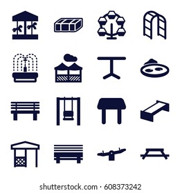 Park icons set. set of 16 park filled icons such as garden bench, table, swing, bench, gazebo, playground ladder, pond, fountain, pergola