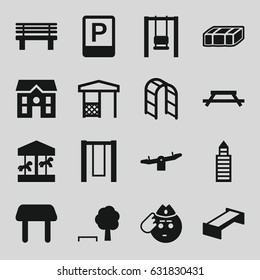 Park icons set. set of 16 park filled icons such as garden bench, table, swing, building, house, soldier emot, bench, gazebo, playground ladder, parking, carousel