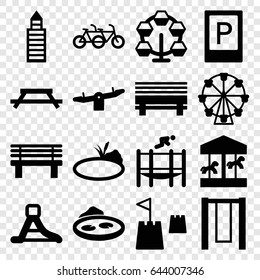 Park icons set. set of 16 park filled icons such as parking, swing, building, bench, pond, waterslide, trampoline, castle tower, carousel, table, family bicycle