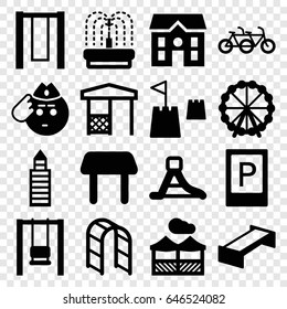 Park icons set. set of 16 park filled icons such as garden bench, parking, ferris wheel, table, building, house, soldier emot, gazebo, playground ladder, fountain, waterslide