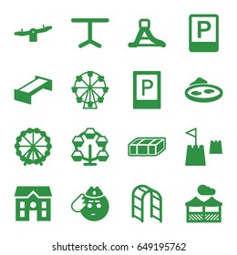 Park icons set. set of 16 park filled icons such as garden bench, parking, ferris wheel, swing, house, soldier emot, table, playground ladder, pond, waterslide, pergola