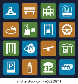 Park icons set. set of 16 park filled icons such as garden bench, ferris wheel, swing, building, soldier emot, bench, gazebo, fountain, waterslide, trampoline, pond, parking