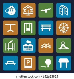 Park icons set. set of 16 park filled icons such as parking, table, swing, soldier emot, bench, playground ladder, waterslide, trampoline, pergola, carousel, tree and bench