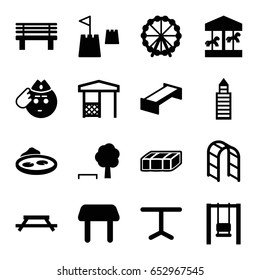 Park icons set. set of 16 park filled icons such as garden bench, ferris wheel, table, building, soldier emot, bench, gazebo, playground ladder, pond, castle tower, carousel