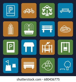 Park icons set. set of 16 park filled and outline icons such as parking, table, bench, fountain, trampoline, castle tower, building, pond, soldier emot, carousel, swing