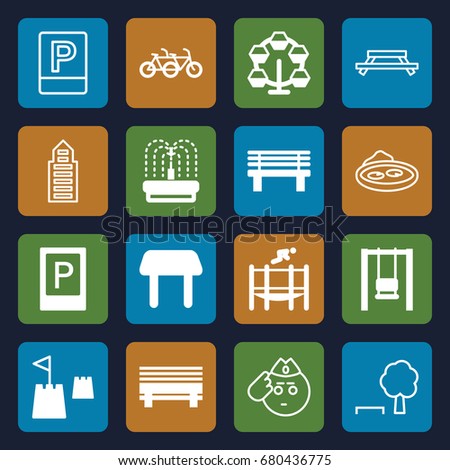 Park icons set. set of 16 park filled and outline icons such as parking, table, bench, fountain, trampoline, castle tower, building, pond, soldier emot, carousel, swing