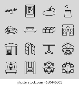 Park icons set. set of 16 park outline icons such as parking, garden bench, ferris wheel, swing, house, table, gazebo, playground ladder, pond, fountain, castle tower