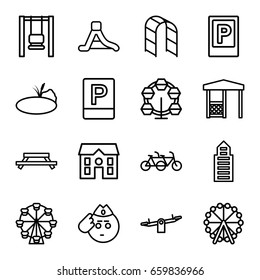 Park icons set. set of 16 park outline icons such as parking, ferris wheel, swing, building, house, gazebo, playground ladder, waterslide, pond, soldier emot, table