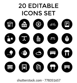 Park icons. set of 20 editable filled park icons such as table, soldier emot, swing, tree and bench, ferris wheel, bench, gazebo. best quality park elements in trendy style.