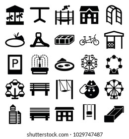 Park icons. set of 25 editable filled park icons such as garden bench, parking, house, soldier emot, carousel, ferris wheel, bench, table, gazebo, playground ladder, pond