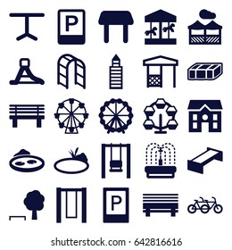 Park icons set. set of 25 park filled icons such as garden bench, parking, ferris wheel, table, building, house, bench, gazebo, playground ladder, pond, fountain, waterslide