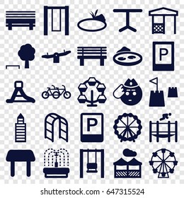 Park icons set. set of 25 park filled icons such as parking, ferris wheel, table, swing, building, soldier emot, bench, gazebo, playground ladder, pond, fountain, waterslide