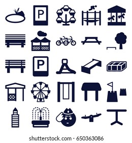 Park icons set. set of 25 park filled icons such as garden bench, parking, table, swing, building, soldier emot, bench, gazebo, fountain, waterslide, trampoline, pond, pergola