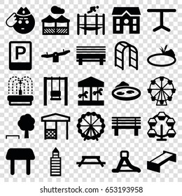 Park icons set. set of 25 park filled icons such as garden bench, ferris wheel, table, swing, building, house, soldier emot, bench, gazebo, playground ladder, pond, fountain