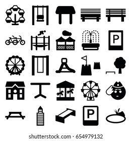 Park icons set. set of 25 park filled icons such as garden bench, parking, ferris wheel, table, building, house, soldier emot, bench, fountain, waterslide, trampoline, pond