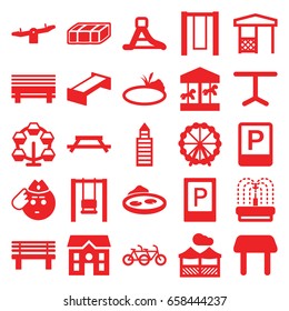 Park icons set. set of 25 park filled icons such as garden bench, parking, ferris wheel, table, swing, building, house, soldier emot, bench, gazebo, pond, fountain, waterslide