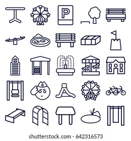 Park icons set. set of 25 park outline icons such as garden bench, ferris wheel, table, swing, building, house, bench, gazebo, playground ladder, pond, fountain, waterslide