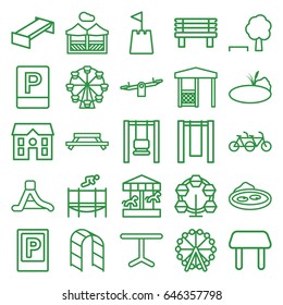 Park icons set. set of 25 park outline icons such as parking, garden bench, ferris wheel, table, swing, house, bench, gazebo, playground ladder, pond, waterslide, trampoline