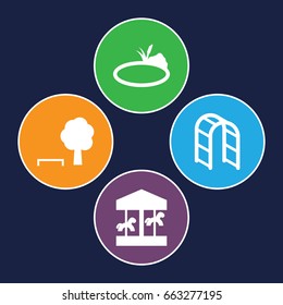 Park icons set. set of 4 park filled icons such as playground ladder, pond, carousel