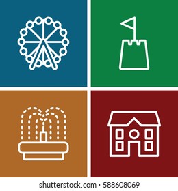 park icons set. Set of 4 park outline icons such as Ferris wheel, house, fountain