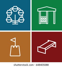 Park icons set. set of 4 park outline icons such as garden bench, gazebo, castle tower