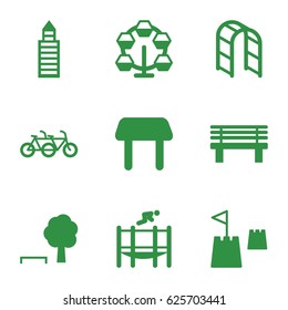 Park icons set. set of 9 park filled icons such as table, building, bench, playground ladder, trampoline, castle tower, carousel, tree and bench